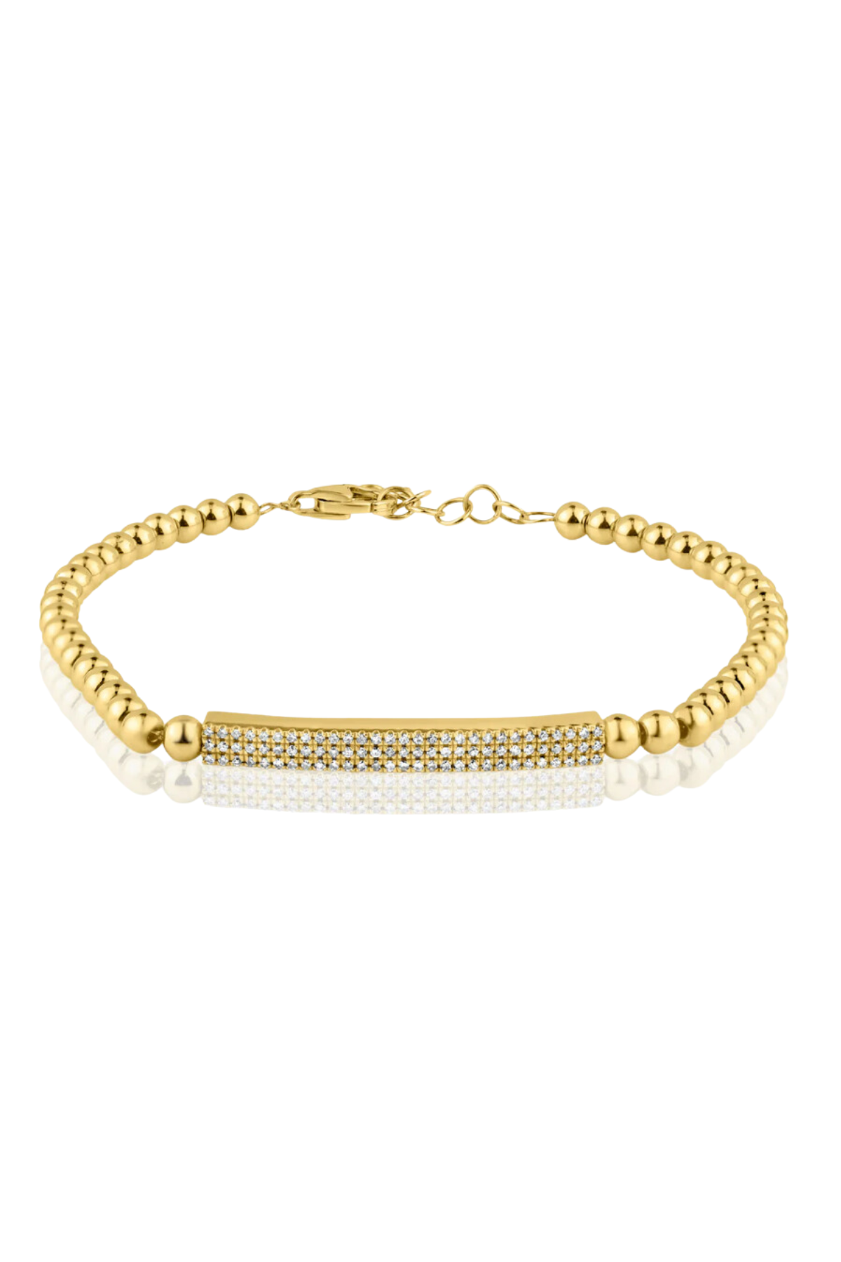 14K GOLD BEAD BRACELET WITH PAVE DIAMOND BAR