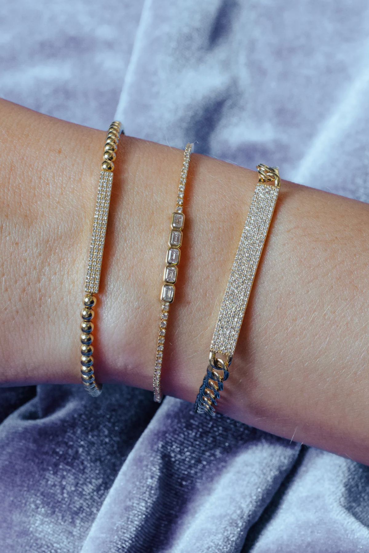 14K GOLD BEAD BRACELET WITH PAVE DIAMOND BAR