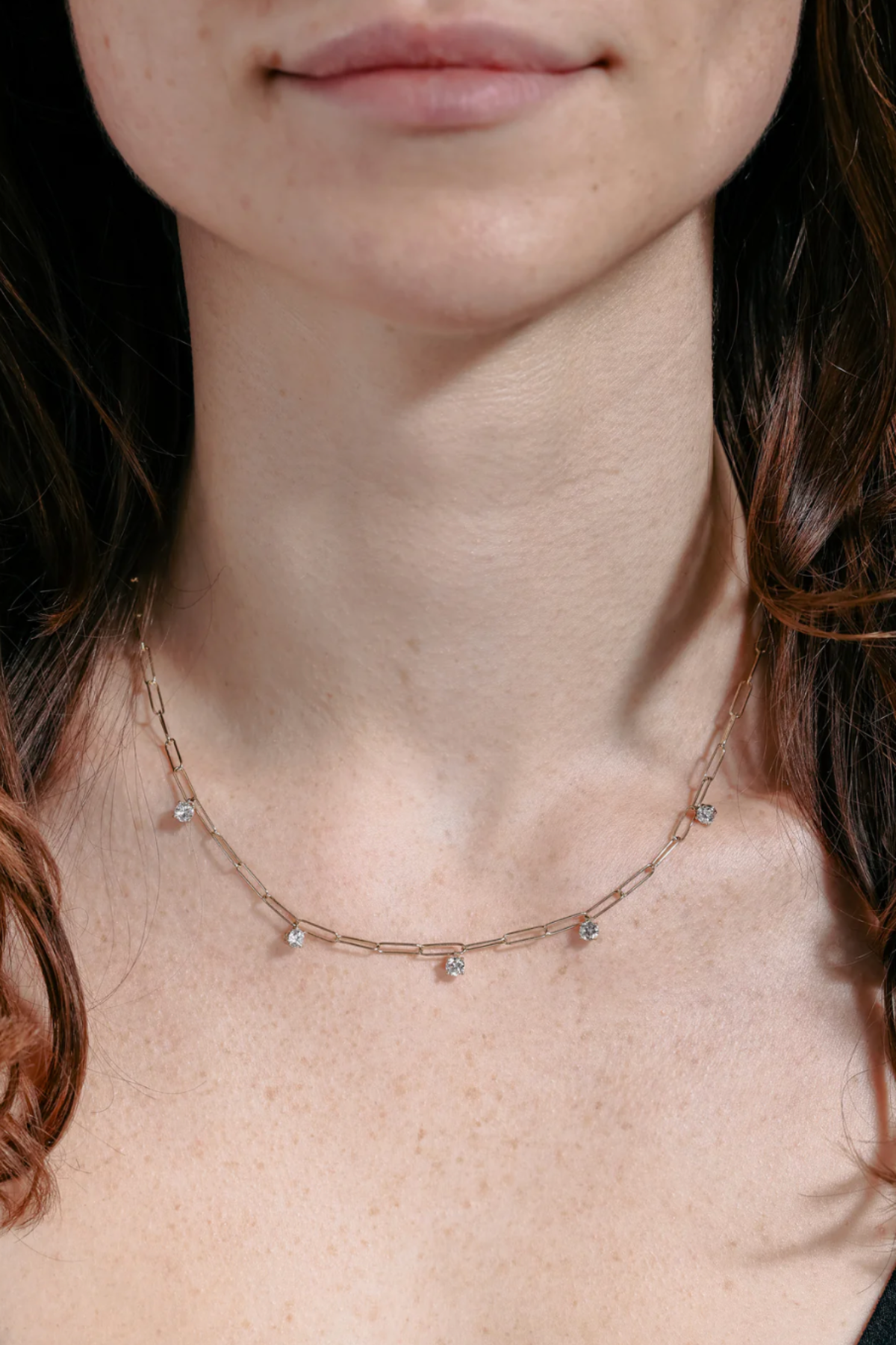 TWO TONE PAPER CLIP NECKLACE WITH DIAMOND CHARMS