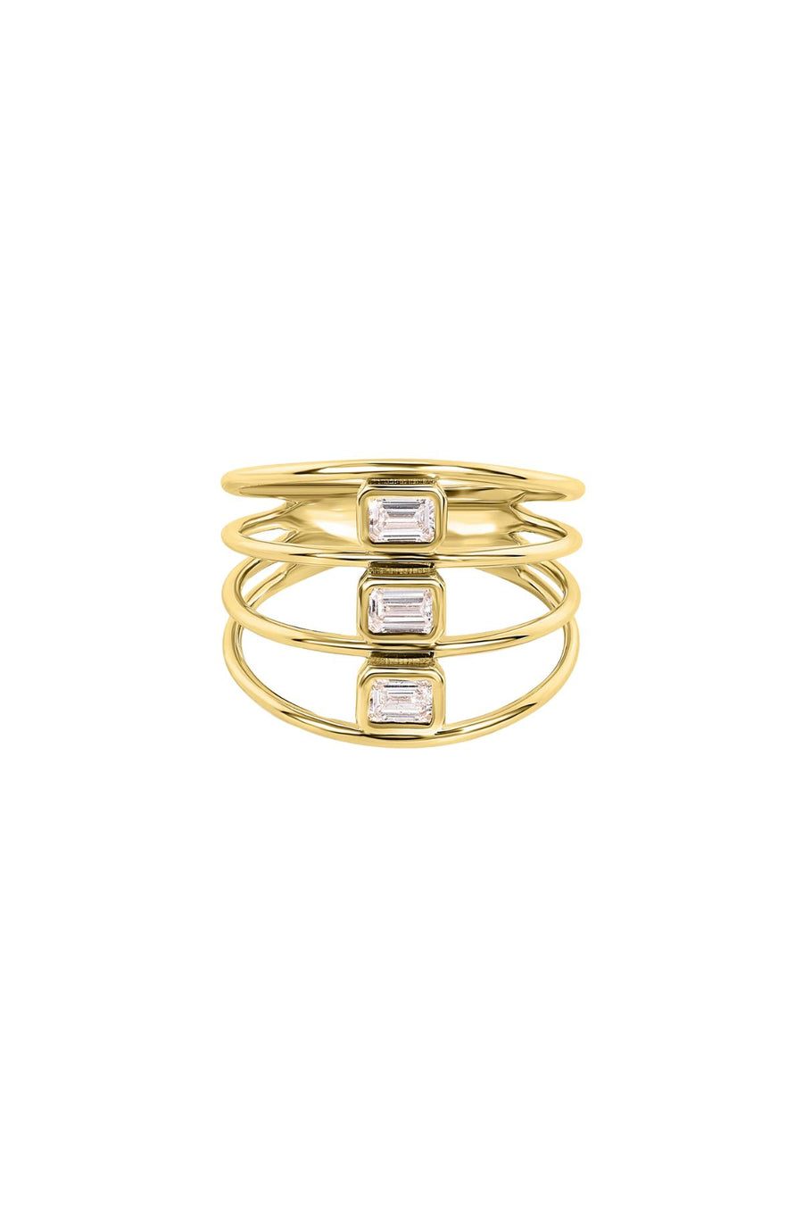 THREE ROW EMERALD CUT DIAMOND RING