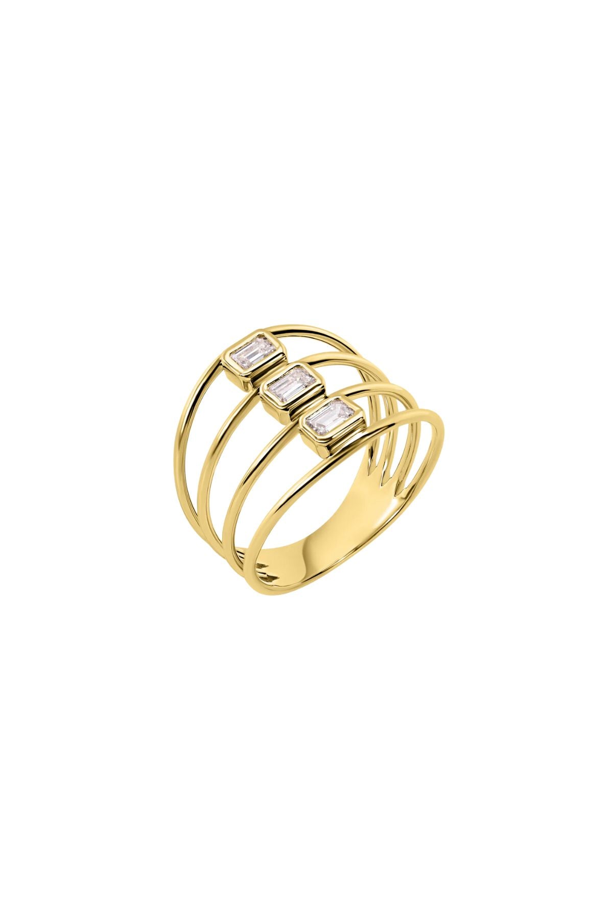 THREE ROW EMERALD CUT DIAMOND RING