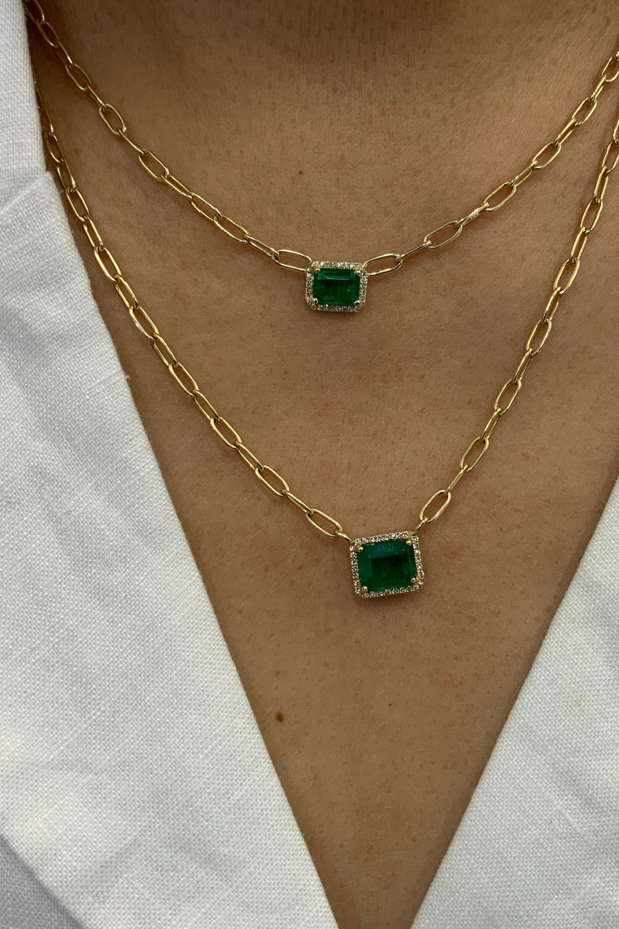 EMERALD WITH DIAMOND HALO ON PAPERCLIP CHAIN