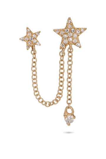 PAVE STARS  W/ DROP DIAMOND DOUBLE POST EAR CHAIN
